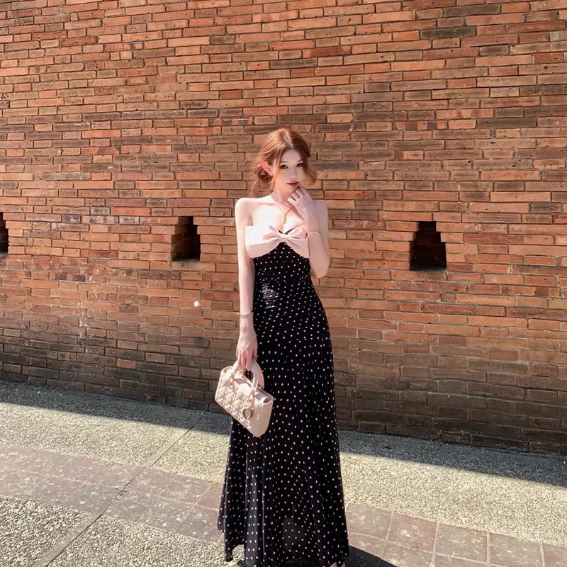 【dress】ドット柄リボン付きロングワンピース Q8374