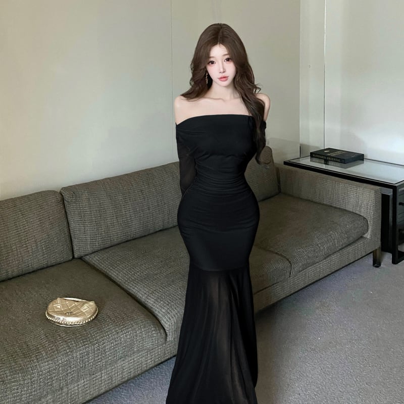 【dress】オフショルダーチュールドッキングワンピース Q7885