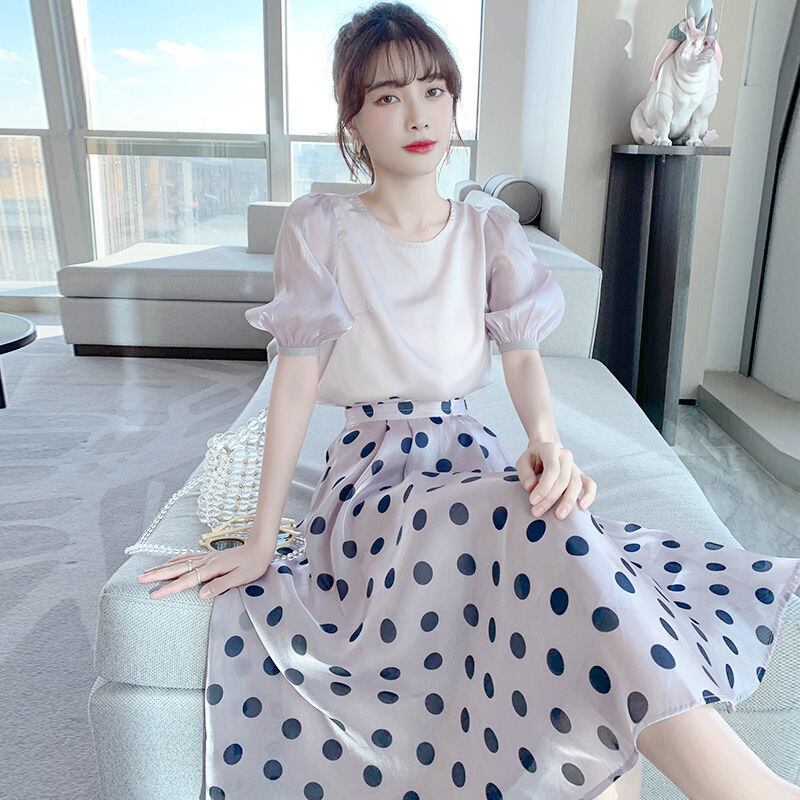 【set】無地ブラウス+Aラインドット柄スカートセットアップF0090