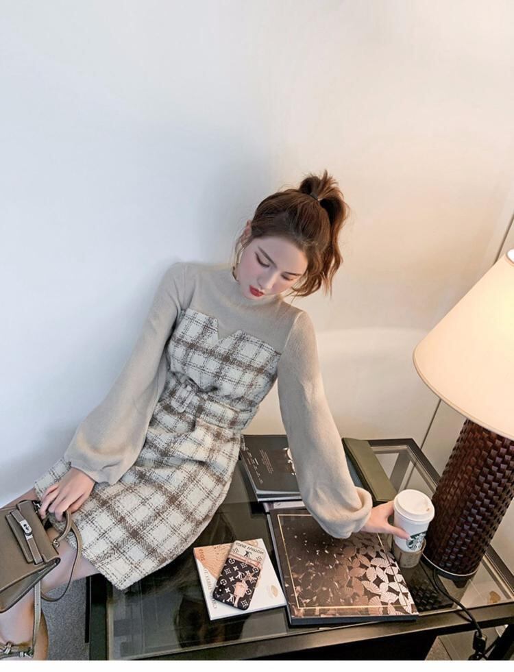 【dress】店長推薦韓国ファッション長袖ラウンドネック切り替えチェック柄ワンピースF0784