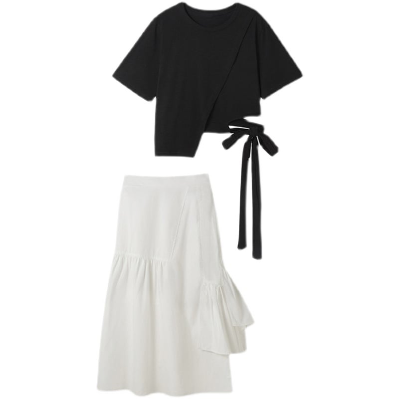 【set】 無地リボン付きTシャツ+AラインイレギュラースカートセットアップF0064