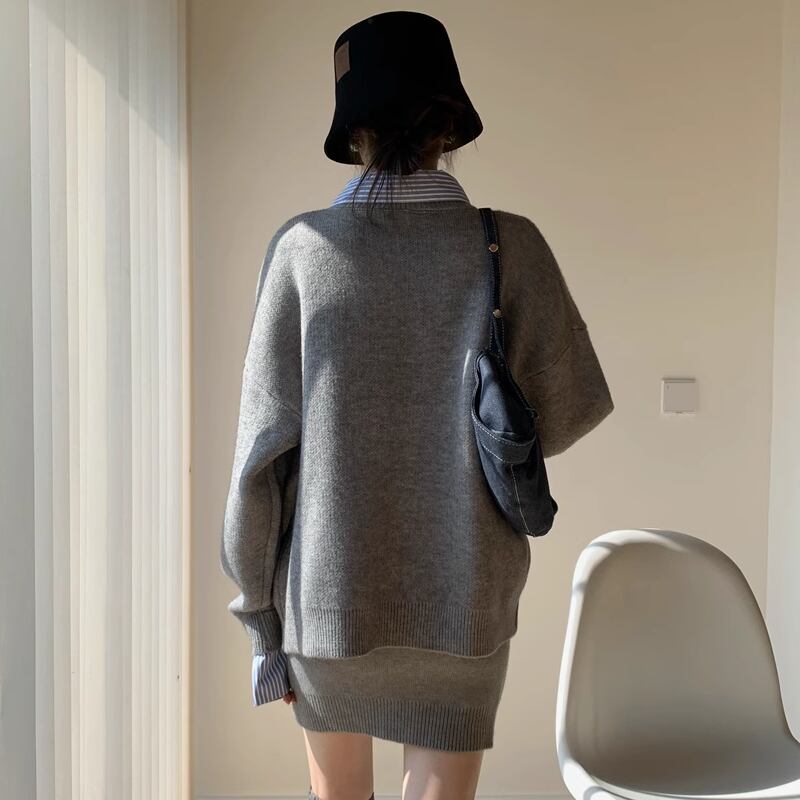 【set】フェイクレイヤードニットトップス×ミニスカートセット Q6963