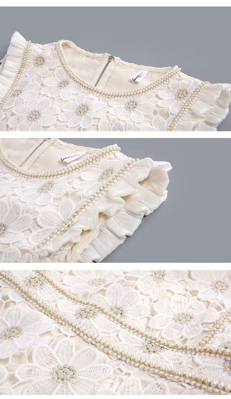 【dress】細身効果抜群♪ラウンドネックレース透かし彫り体型カバーエレガントOL通勤ワンピースF2468