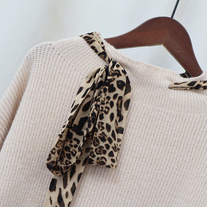 【tops】ヒョウ柄ボウタイニットトップス M26760