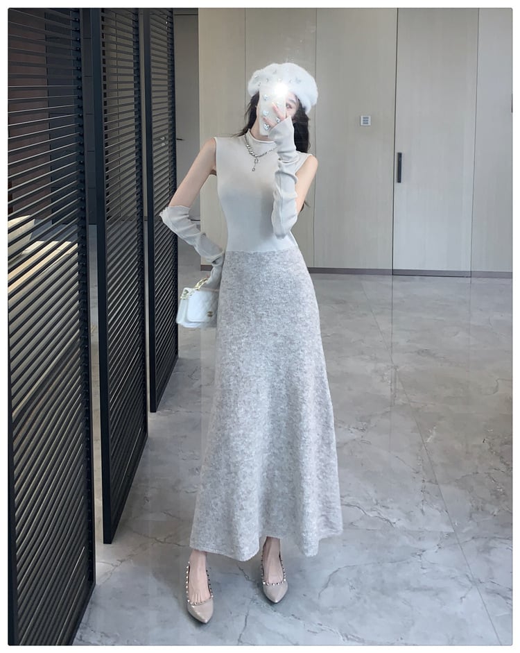 【dress】アームカバー付きドッキングニットワンピース M28118