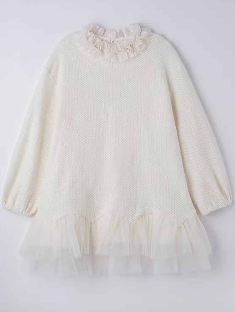 【dress】チュールドッキングフリルネックニットワンピース Q7965