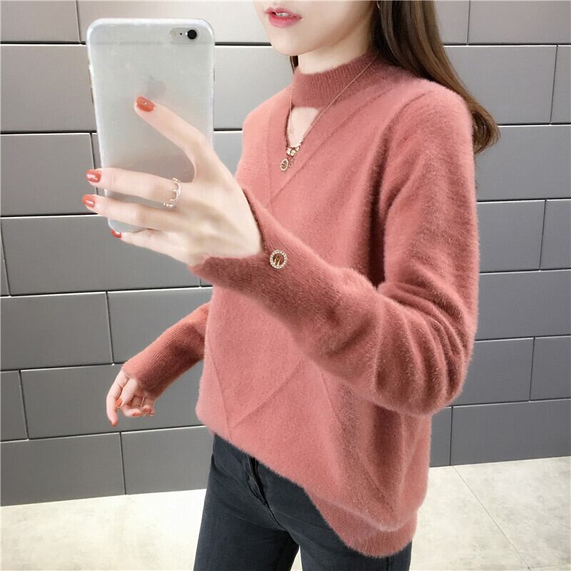 【tops】選べる5色!ハーフネック長袖メッシュ切り替え無地お洒落韓国風ニットセーターF0861