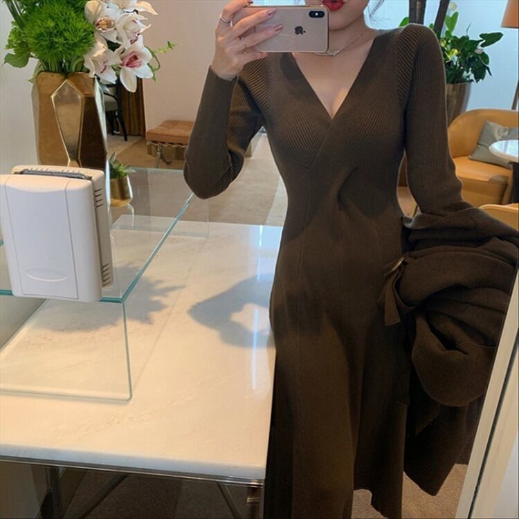 【dress】好感度UP!気質満点エレガントVネック知的着痩せニットワンピース G2291