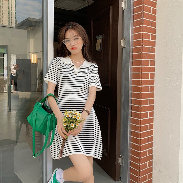 【dress】韓国風スウィートVネック着痩せストライプ柄ニットワンピース G0210