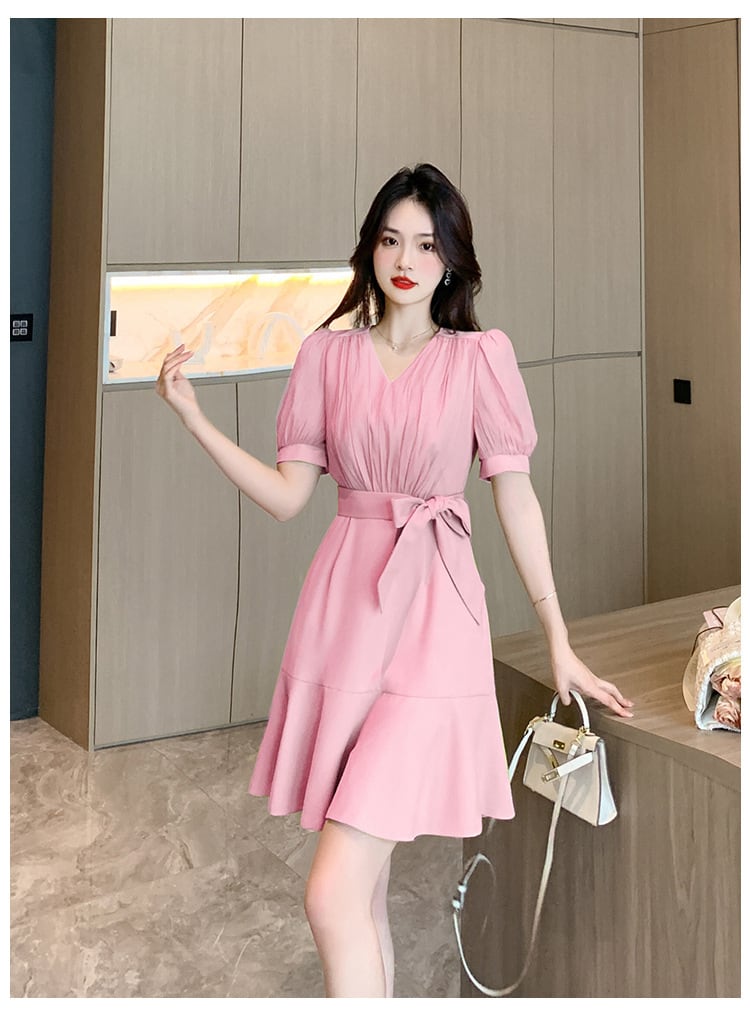 【dress】Vネックパフスリーブマーメイドワンピース G21511