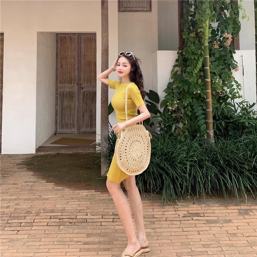 【dress】6色ラウンドネック半袖ワンピースF7713