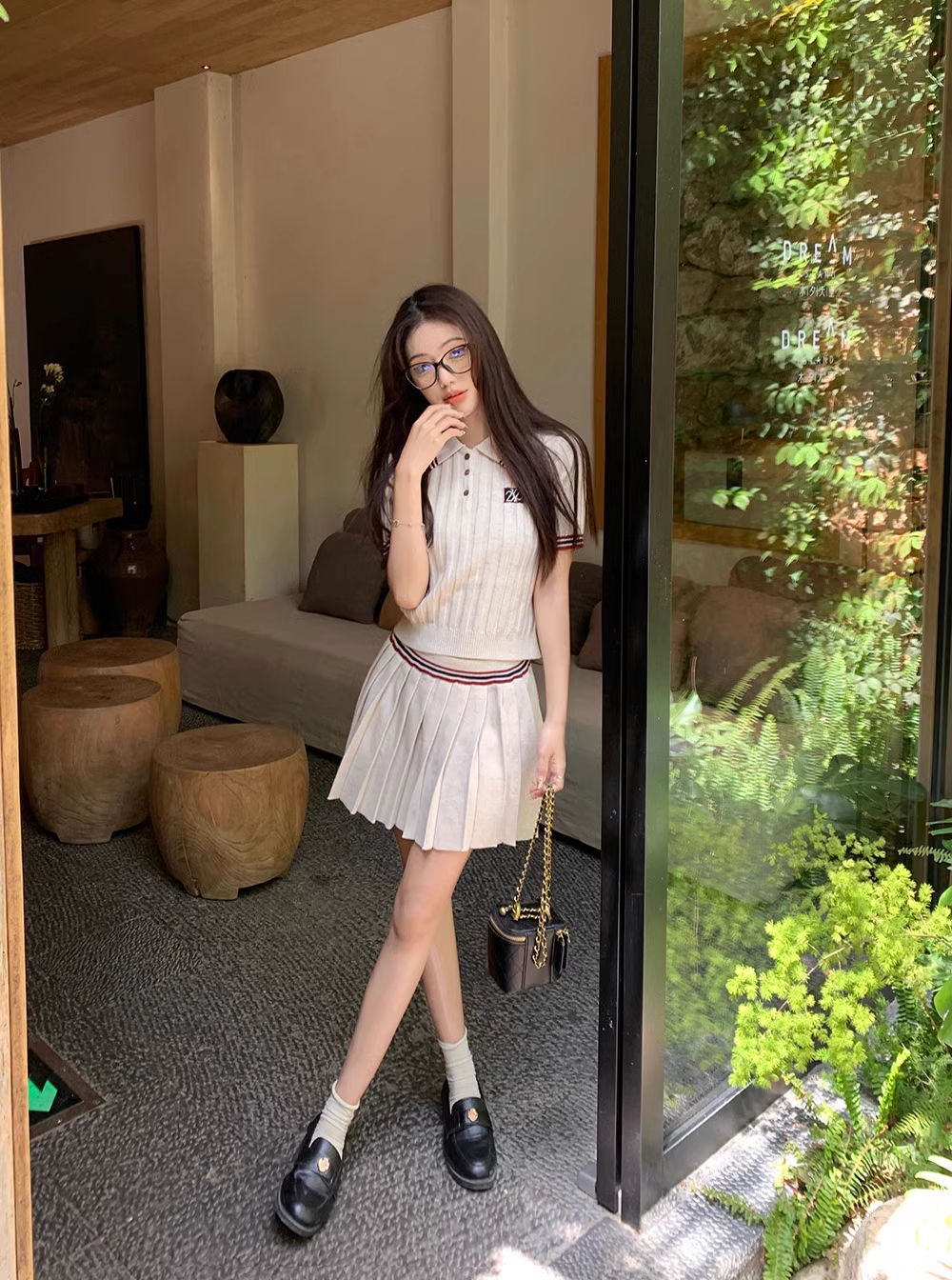 【set】POLOネックTシャツ+プリーツスカート2点セットF7773