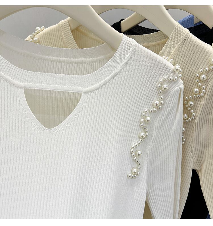 【tops】ビーズ半袖ニットTシャツF7310