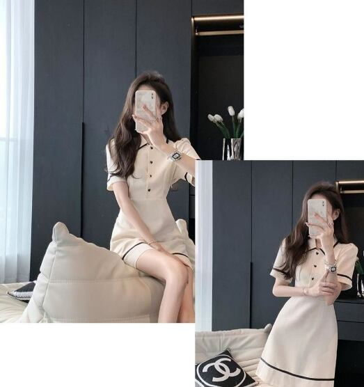 【dress】気質溢れる♪POLOネック半袖韓国ファッション人気配色AラインワンピースF5483