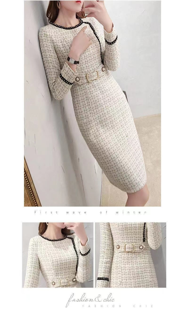 【dress】細身効果抜群♪ラウンドネック長袖韓国ファッションチェック柄OL通勤ボディラインワンピースF1540