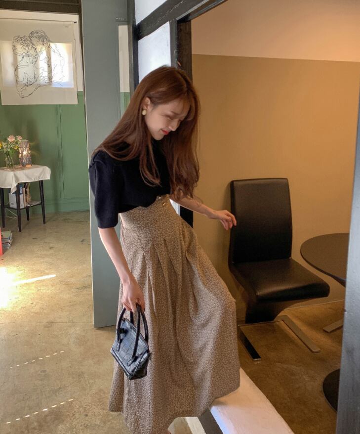 【set】好感度UP!気質満点レトロ着痩せニットTシャツ+ハイウエストスカート2点セット G0113