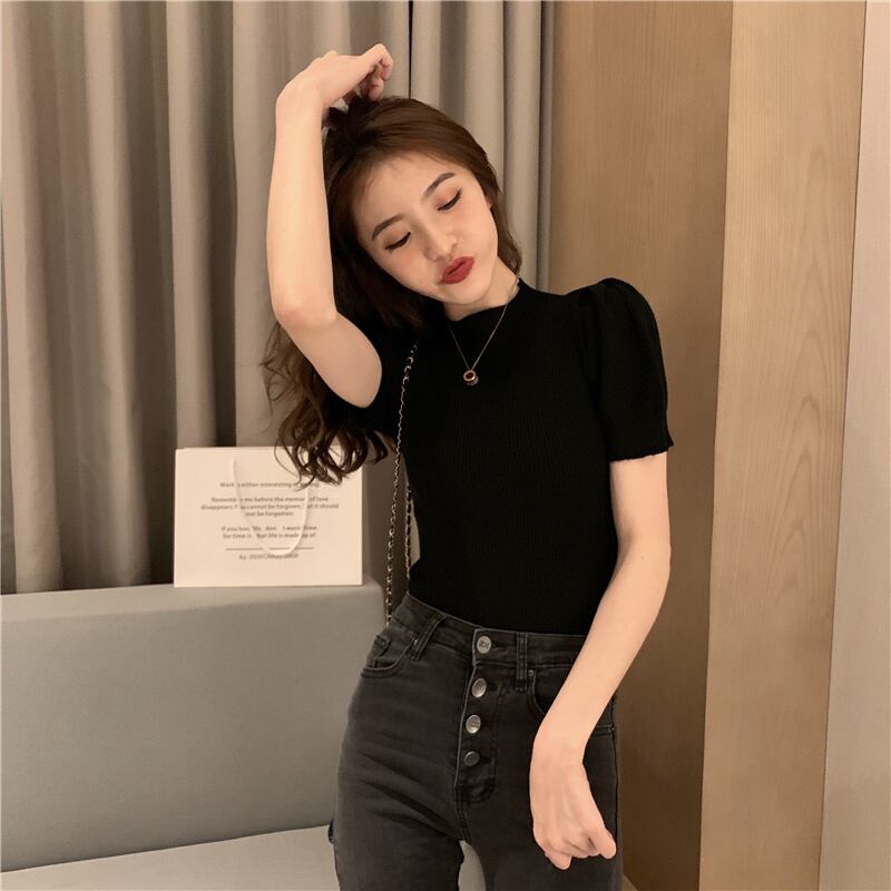 【tops】好感度UPラウンドネック半袖着やせファッションニットTシャツF0100