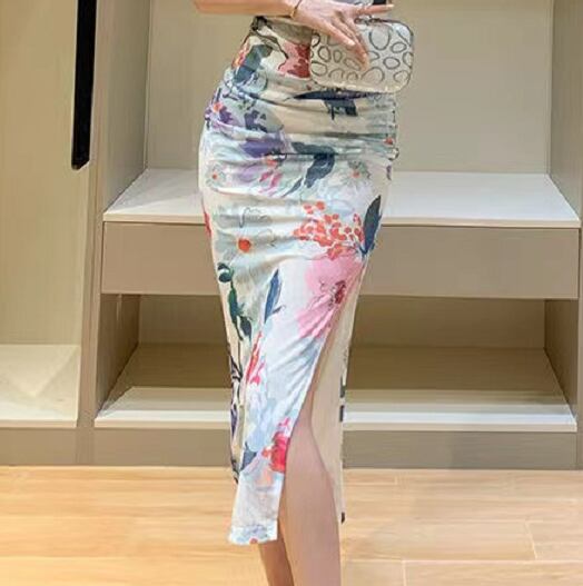 【dress】今季マストバイVネック半袖花柄配色スリット披露宴二次会着やせタイトワンピースF2742