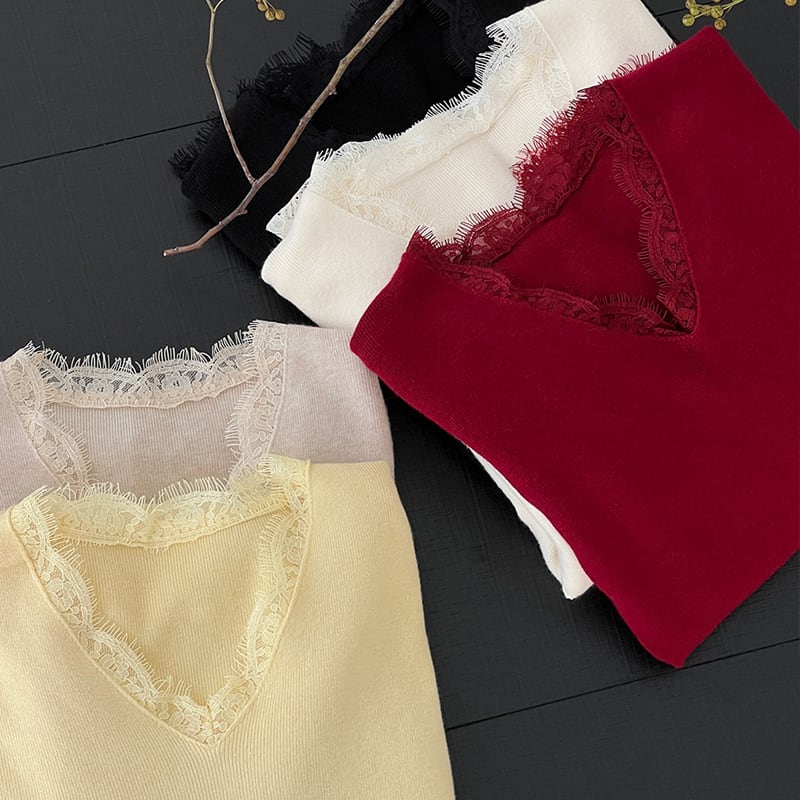 【tops】レースドッキングニットトップス Q7236