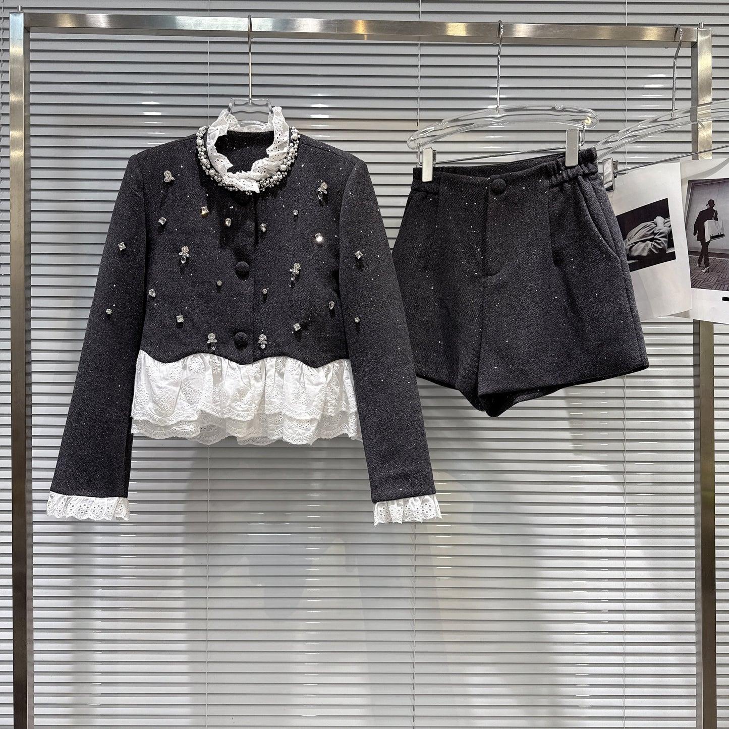 【set】レースドッキングショートジャケット×ショートパンツセット N3479