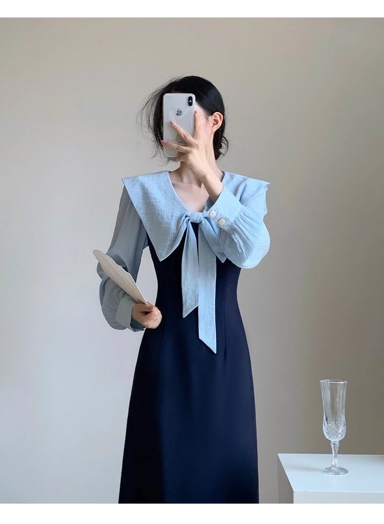 【dress】ネイビーカラー長袖ワンピース G20637