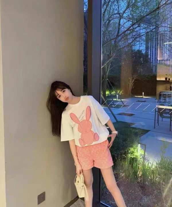 【set】2色動物柄Tシャツ+ショートパンツ2点セットF7702