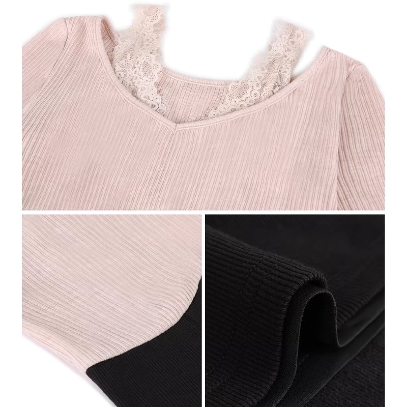 【dress】レースドッキングロングニットワンピース Q7853