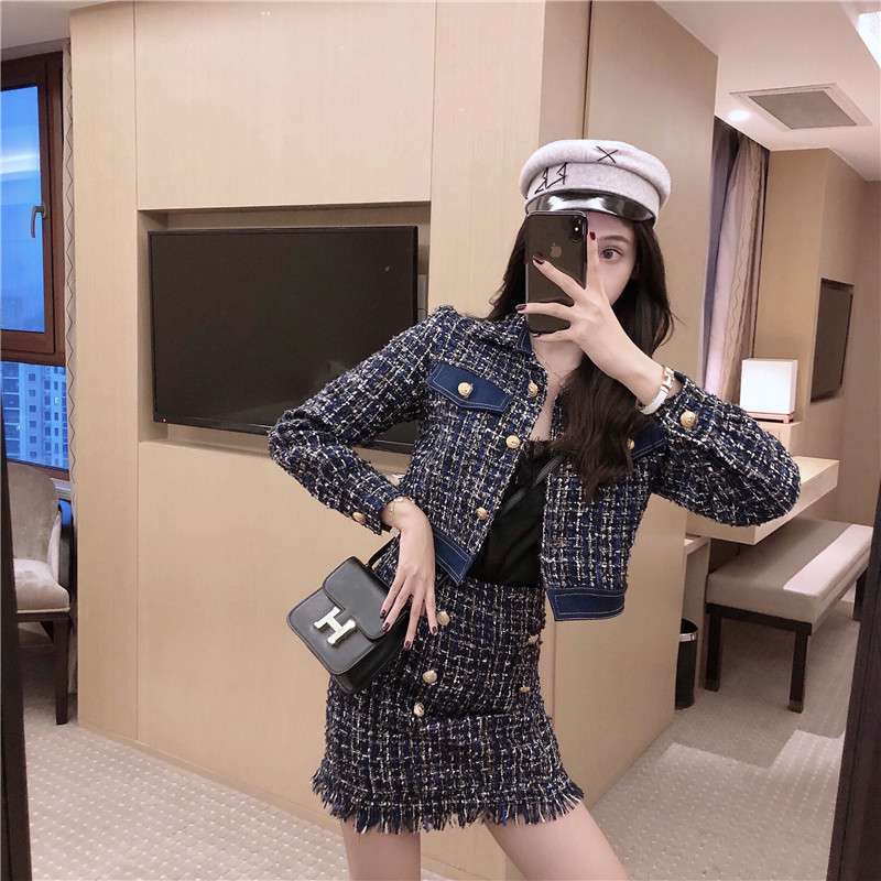 【set】早秋新作INS風長袖切り替えジャケット+タイトフリンジスカート韓国風2点セットF0783