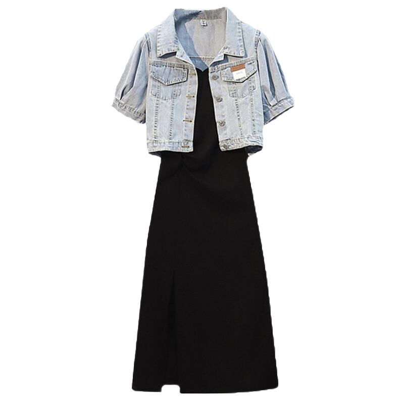 【set】今季大好評半袖デニムジャケット+無地着痩せキャミワンピース2点セットF0112