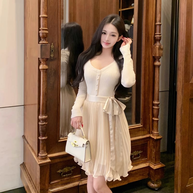 【dress】リボン付きプリーツニットワンピース Q7283