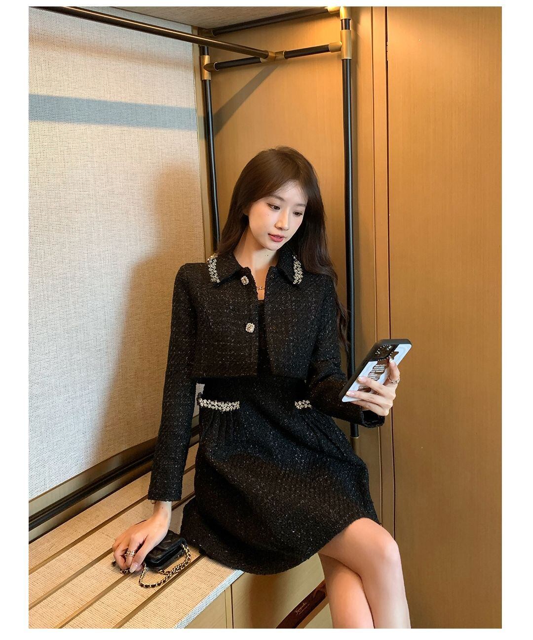 【set】ジャケット+ウェスト絞りキャミワンピースセットアップF6125