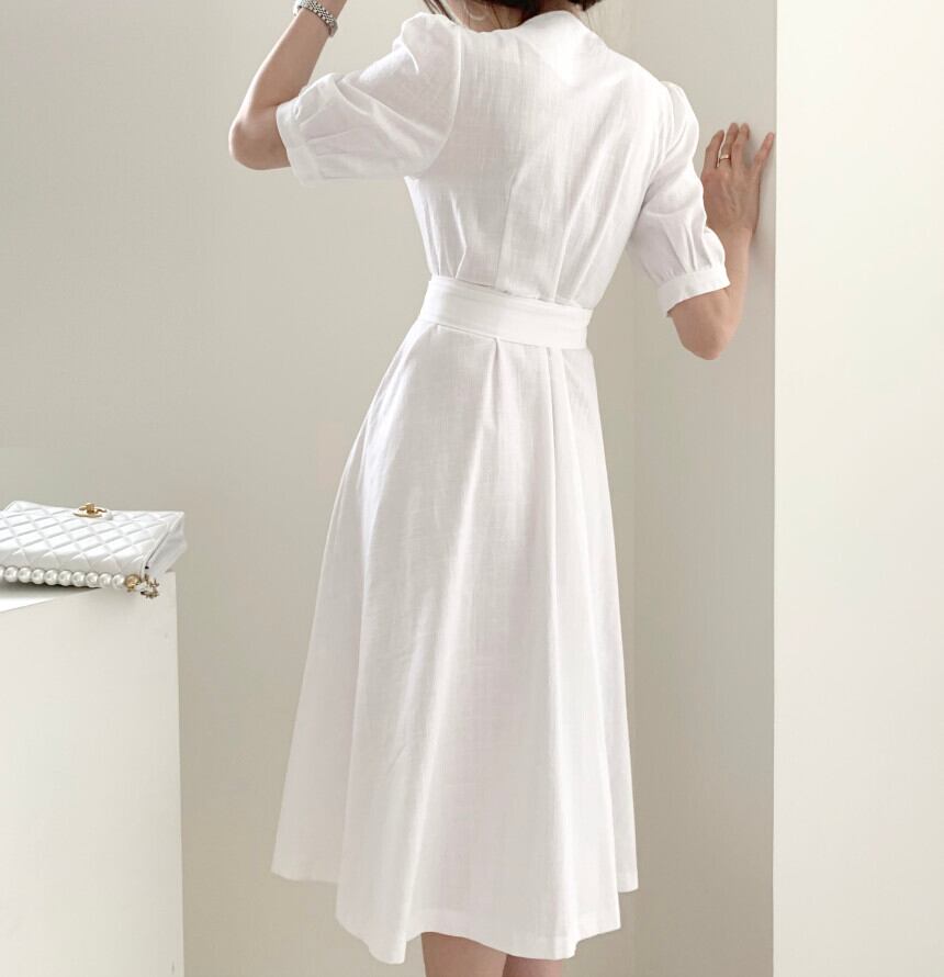 【dress】韓国風レトロ気質満点折り襟パフスリーブ着痩せロングワンピース