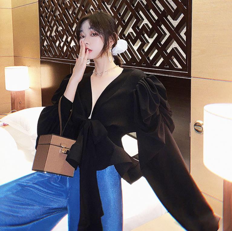 【tops】VネックリボンブラウスF7055