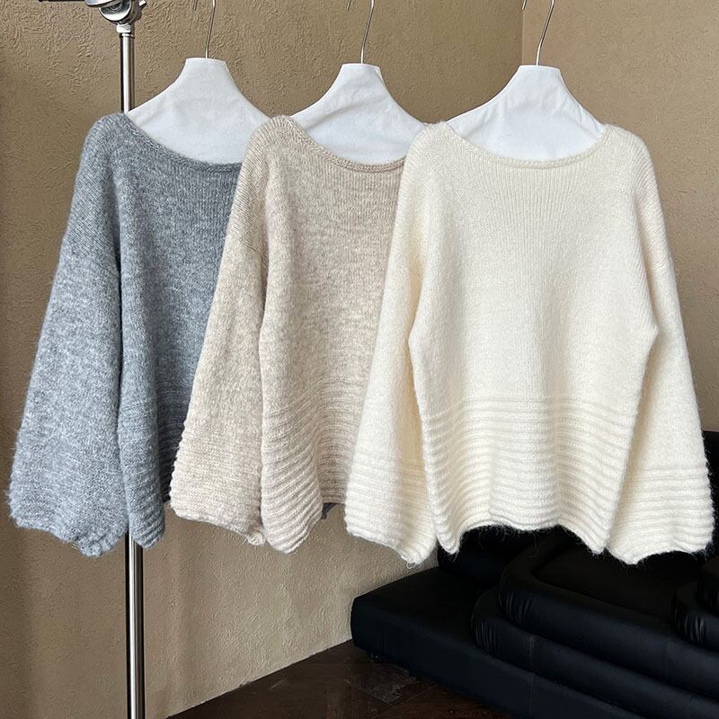 【tops】オフショルダーバルーンスリーブニットトップス N2911