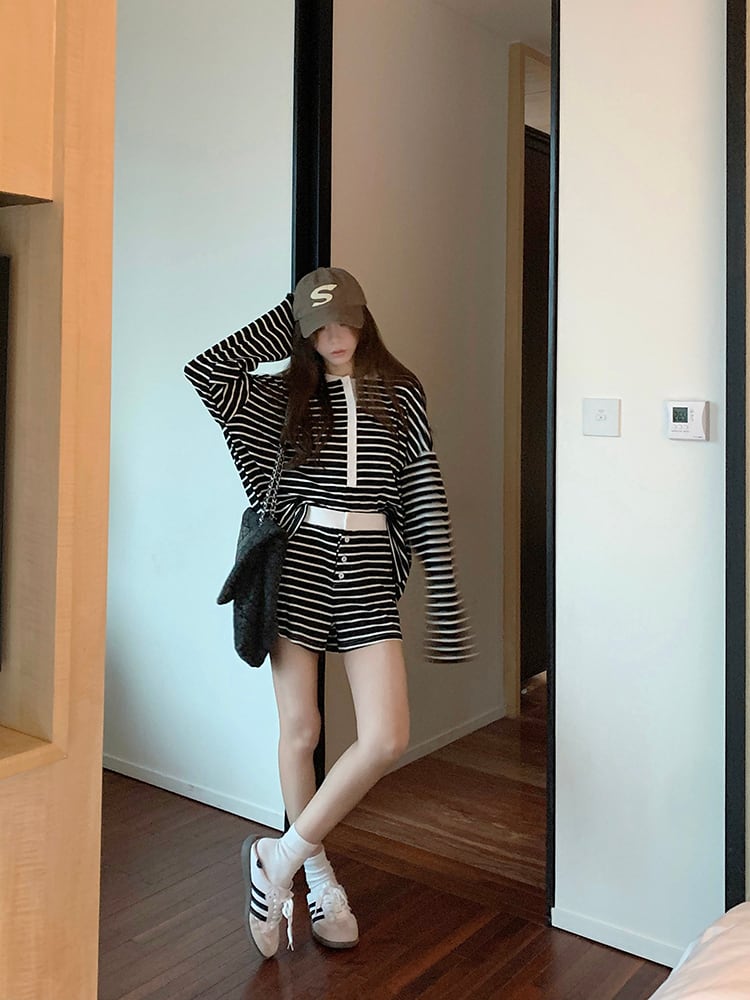 【set】ストライプ柄薄手Tシャツ+ショートパンツ2点セットG21372