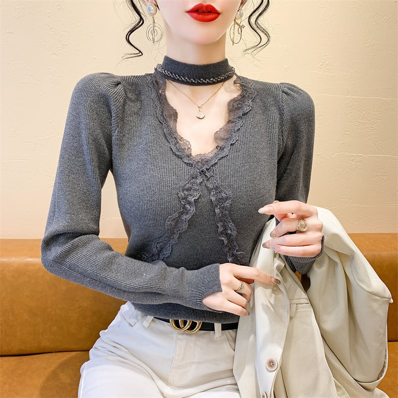 【tops】ビジューレース切り替えニットトップス M27732