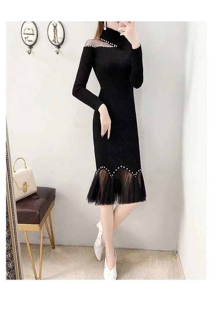 【dress】細身効果抜群♪レース切り替え体型カバーファッション無地人気ニットマーメイドワンピースF1436