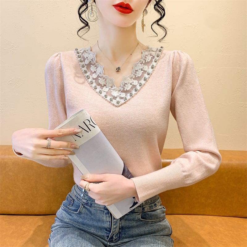 【tops】Vネックレース切り替えニットトップス M28260