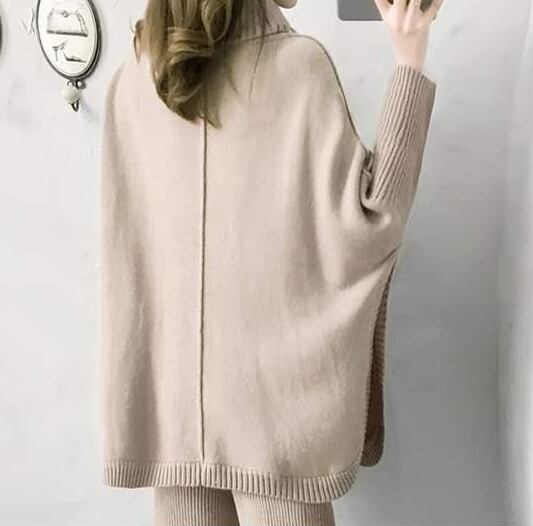 【set】ハイネックスリットニットセーター+無地着やせワイドレッグパンツ通勤日常おしゃれ2点セットF1472