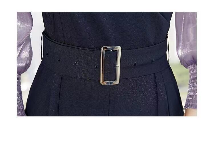 【set】2点セット長袖ブラウス+着やせ無地サロペットOL通勤セットアップF1555