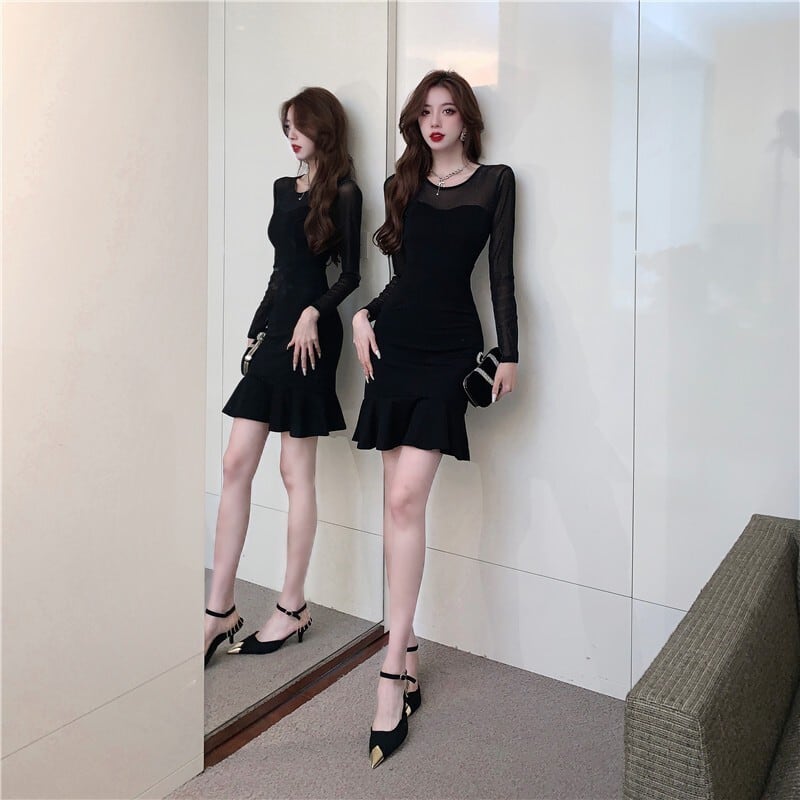 【dress】メッシュ切り替えマーメイドワンピース G20694