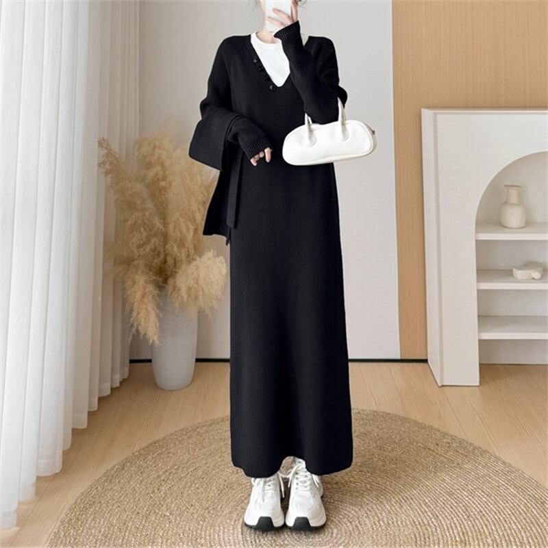 【dress】マフラー付きロングニットワンピース Q7315