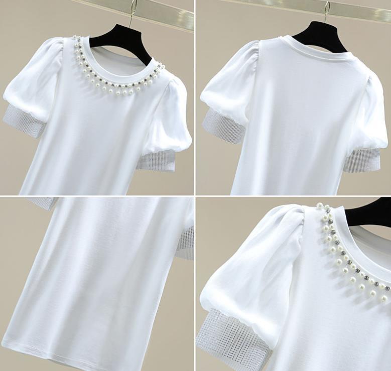 【tops】ラウンドネック半袖ビーズTシャツF7326