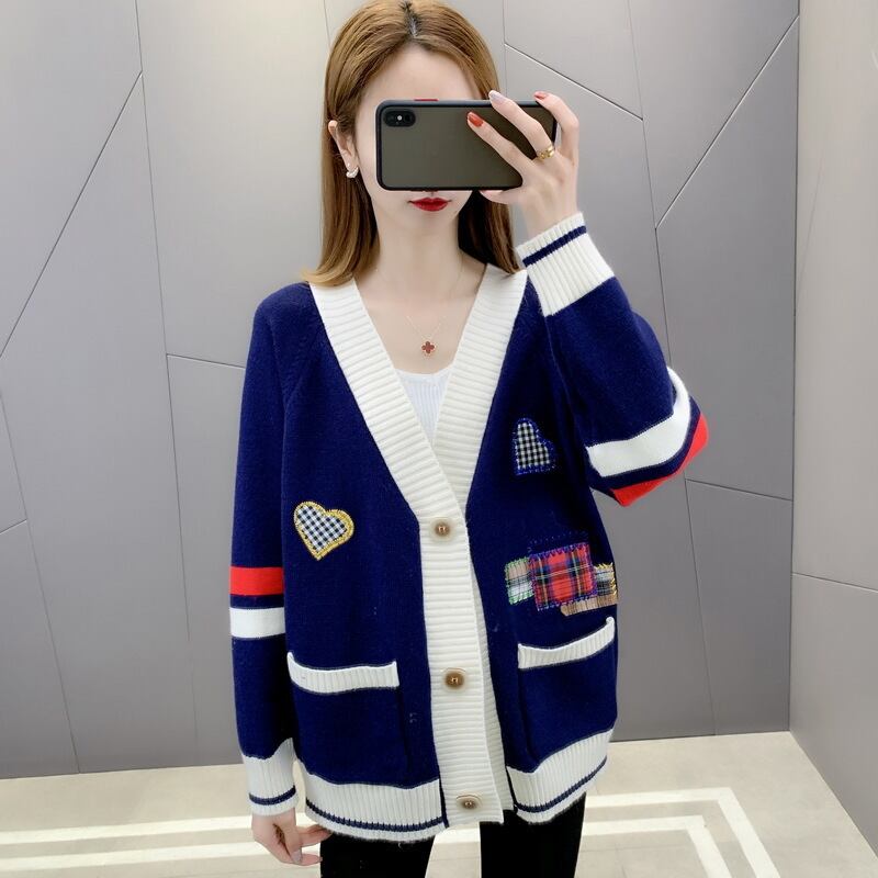 【outer】オシャレ度満点〜秋新作レトロ長袖Vネック配色韓国風着回しニットカーディガンF0831
