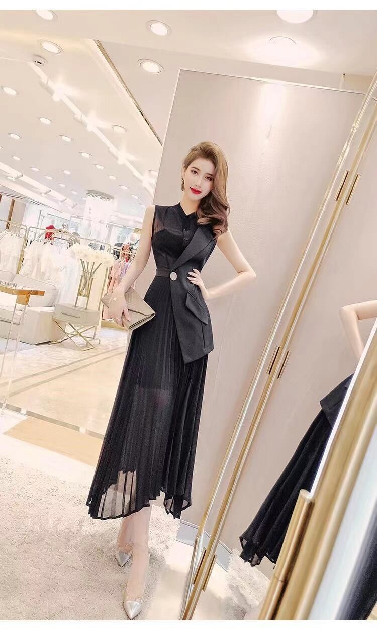 【dress】知的で品の良いノースリーブ無地切り替えウェスト絞りプリーツイレギュラーワンピースF2692