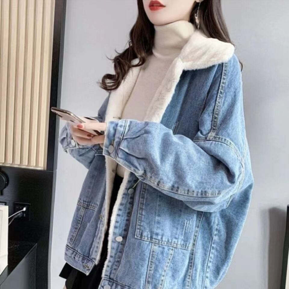 【outer】気質溢れる♪秋冬折り襟長袖厚手裏起毛寒さ対策無地デニムコートF3617