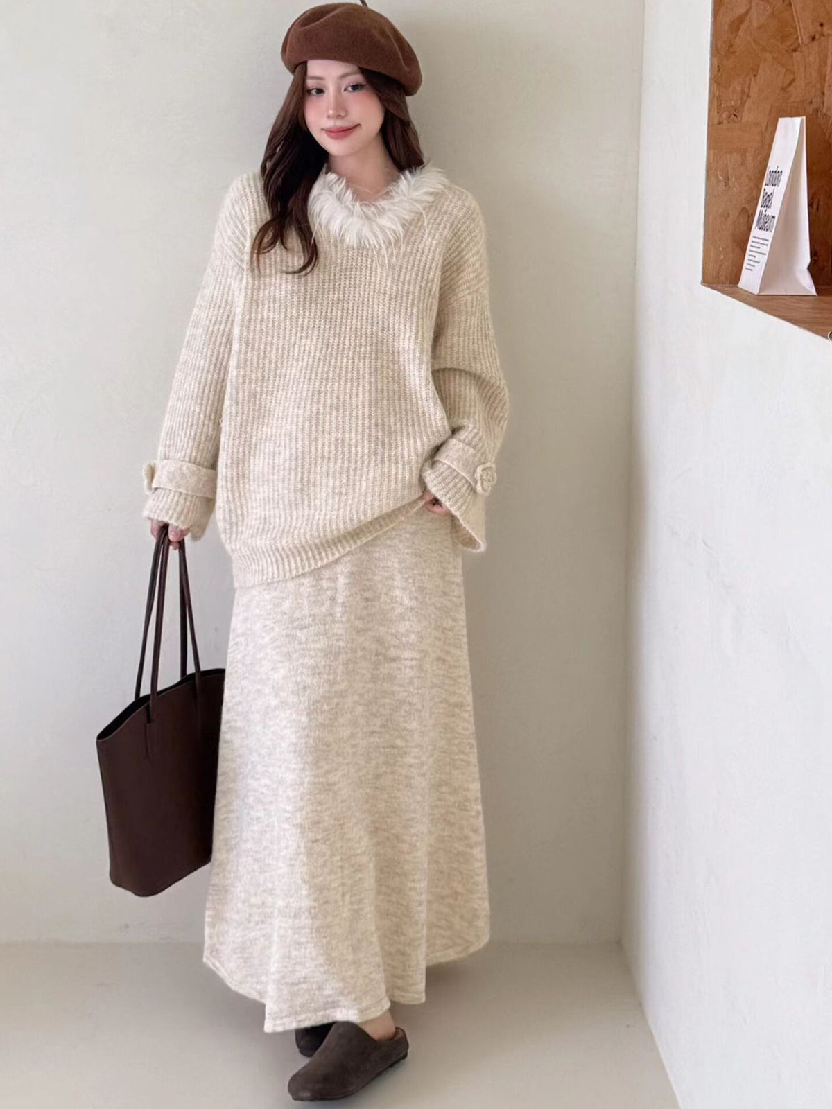 【set】ファーネックニットトップス×ロングスカートセット Q6956