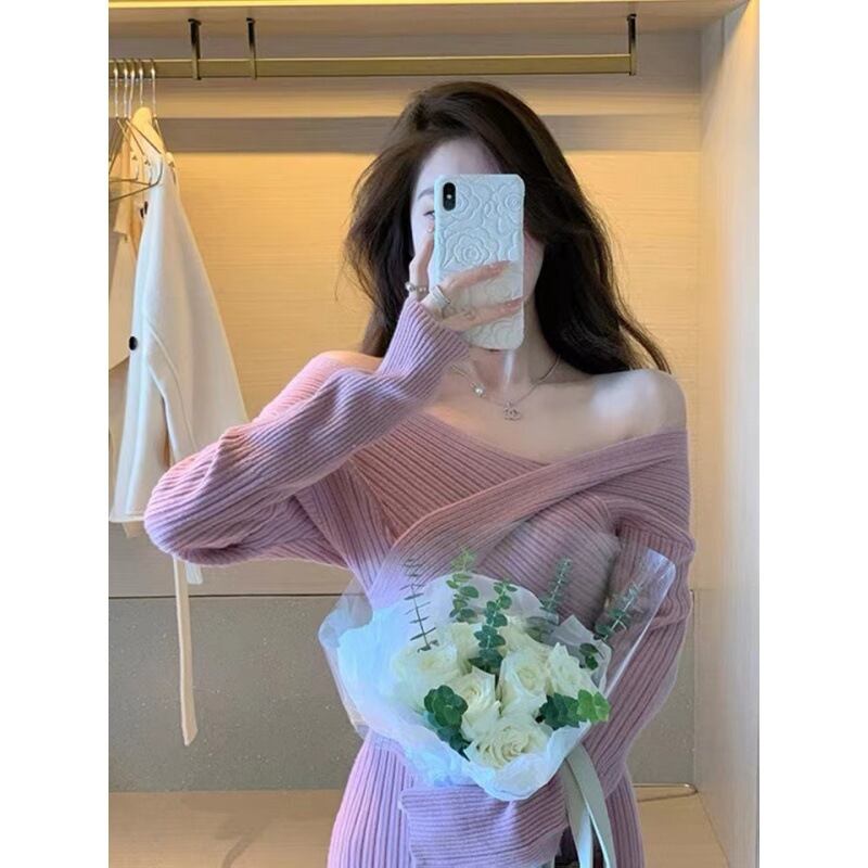 【dress】細身効果抜群♪韓国風INS風オフネック長袖タイト体型カバー人気ニットワンピースF3735