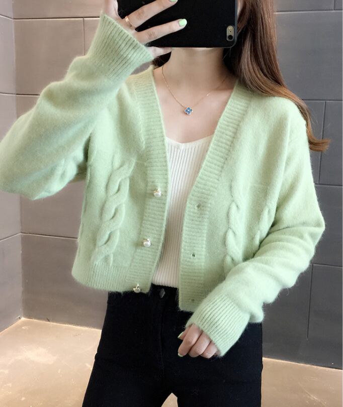 【outer】選べる4色!INS風秋Vネック長袖無地着回しゆったりショート丈カーディガンF0929