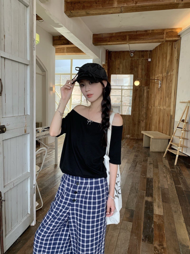 【set】Tシャツ×チェック柄パンツセット M25040